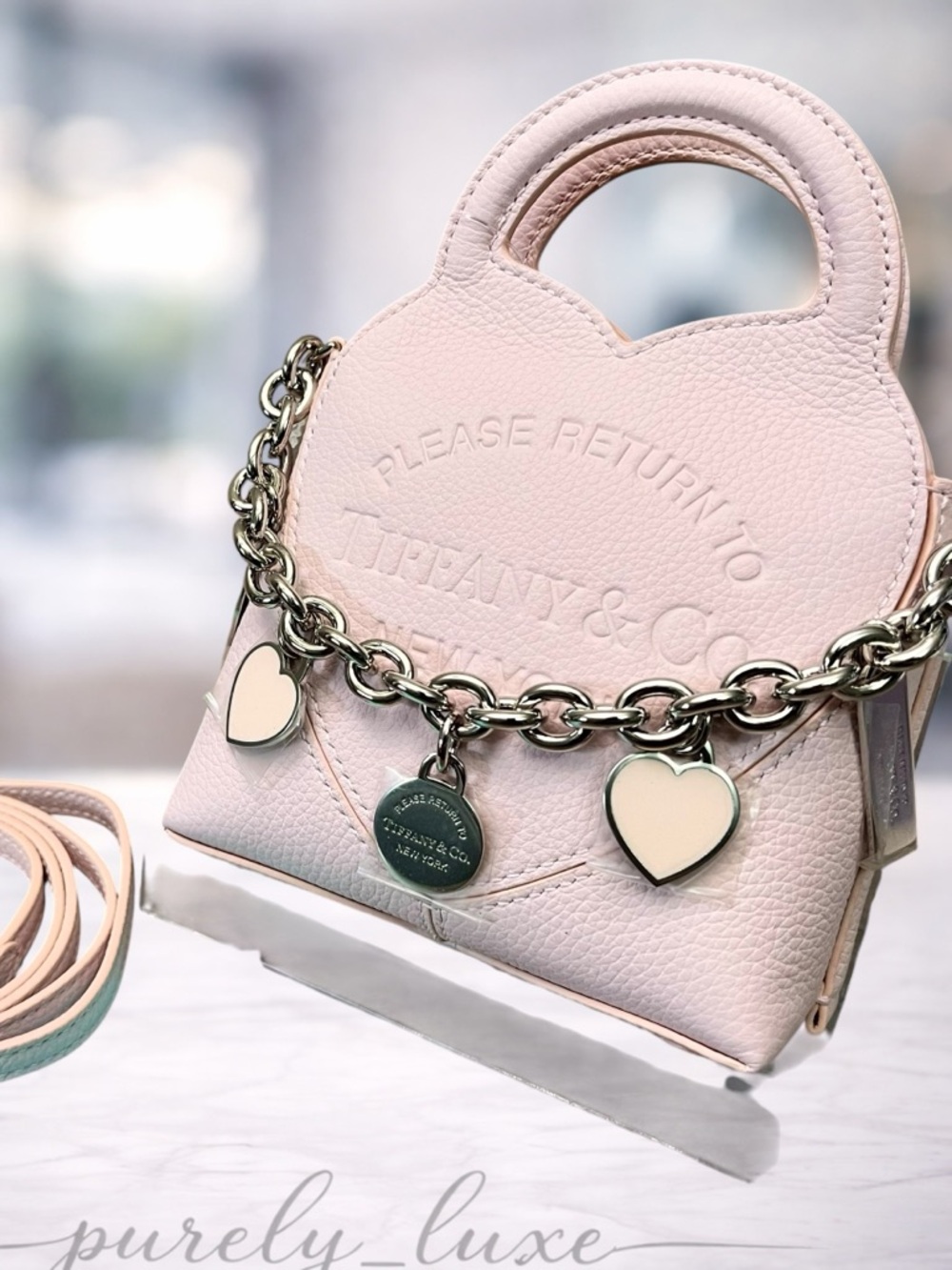 Authentic Tiffany & Co. Soft Pink Leather Mini Bag with Heart Charm Chain